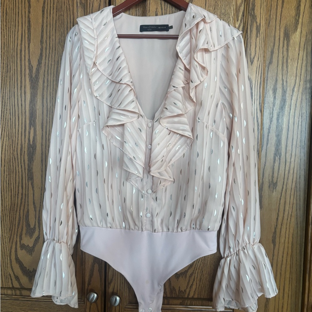 Elegant Ruffled blouse bodysuit  Pink and gold by house of Harlow medium